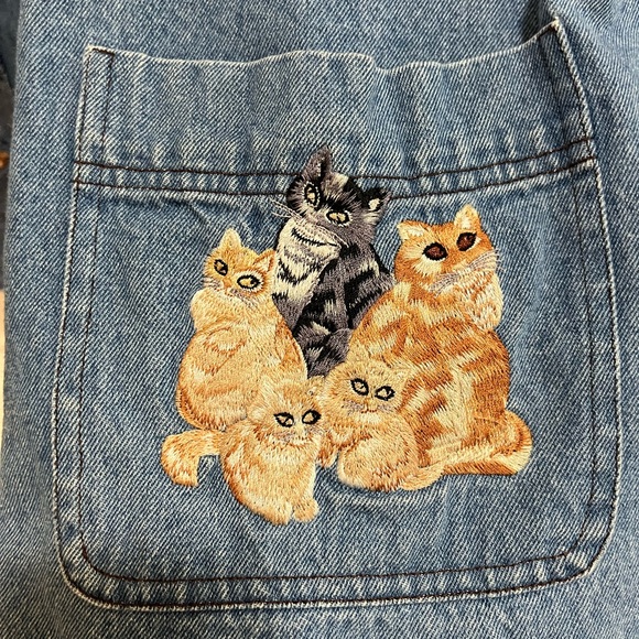 Quacker Factory Blue Denim Jacket with Brown Corduroy Collar and Cat Embroidery - Picture 4 of 15